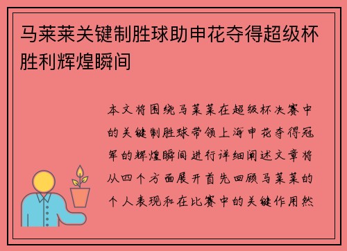 马莱莱关键制胜球助申花夺得超级杯胜利辉煌瞬间 马莱莱关键制胜球助申花夺得超级杯胜利辉煌瞬间